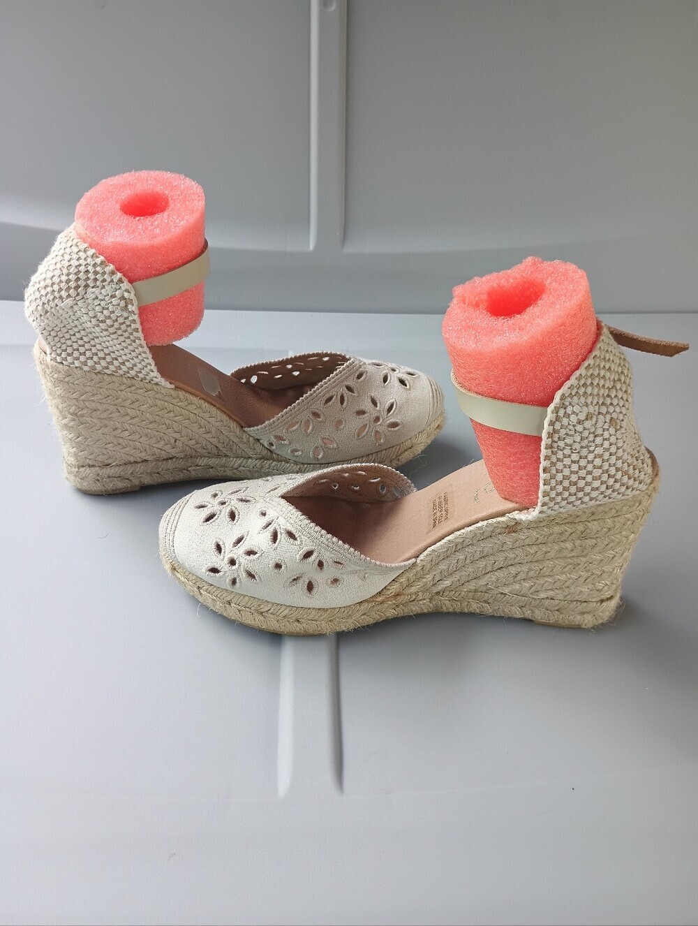 Cream-colored Maypol Beige Eyelet Canvas Espadrille Wedge Sandals Made in Spain - Picture 7 of 16